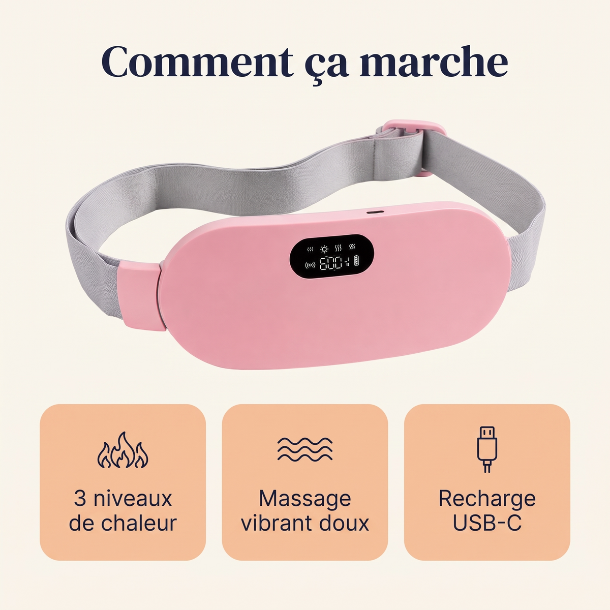 Comment ça marche : 3 niveaux de chaleur, massage vibrant doux, recharge USB-C
