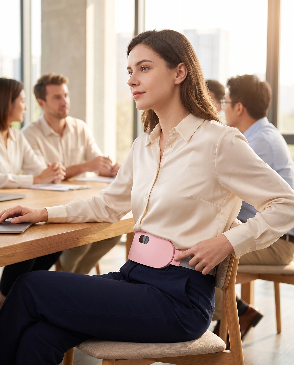 En réunion, elle règle discrètement la chaleur de sa ceinture Lunéa