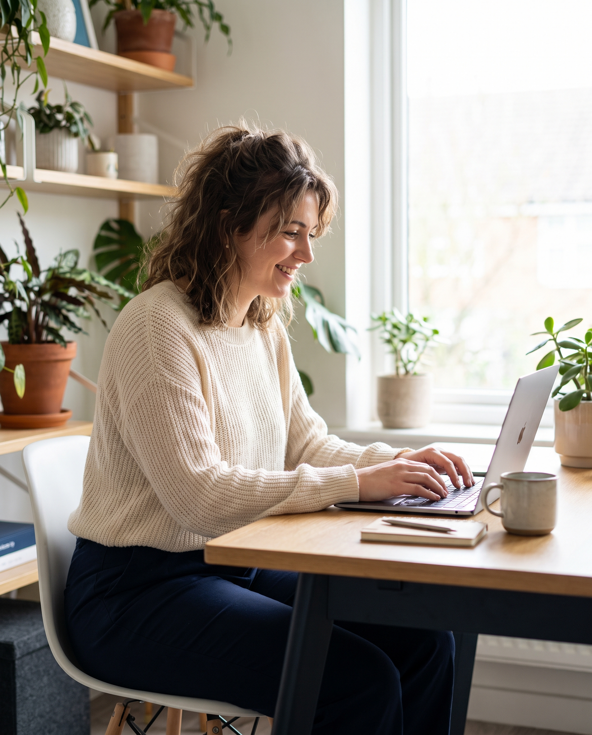 Femme au bureau qui travaille sereinement, la ceinture Lunéa invisible sous son pull